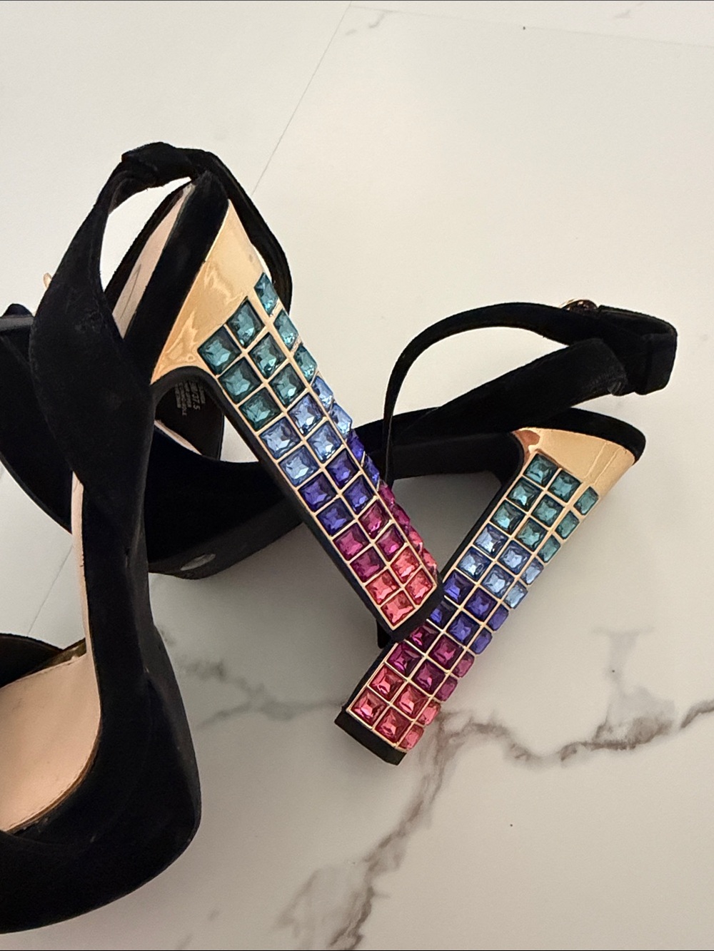 Black Suede Platform heels with Multicolor Gem Block Heel - Picture 6 of 6
